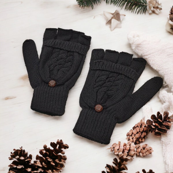 Cable Knit Gloves for Women Mittens Fingerless Gloves Warm Thermal Winter Wool Blend