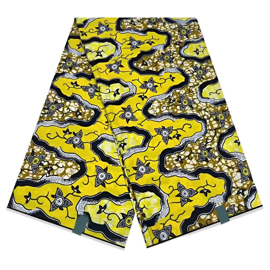 Floral Ankara Wax Print Fabric in Yellow and Purple