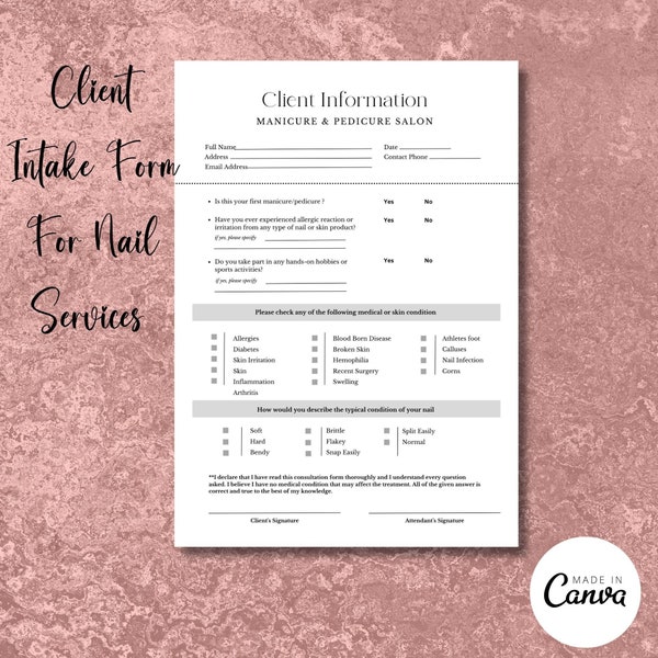 EDITABLE Client Intake Form,Nail Salon Printable,Editable Spa Forms,Beauty Business,Nail Tech CANVA Template