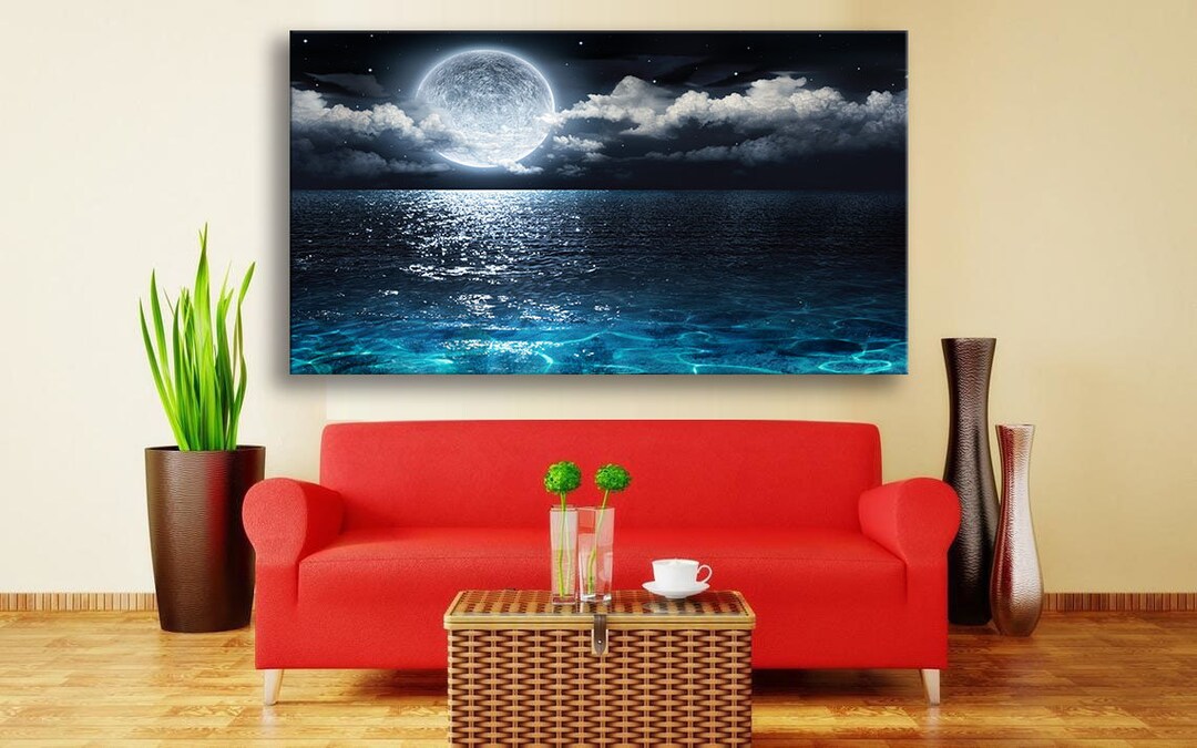 Moon Over Sea Wall Art Ocean Canvas Art Moon Wall Art Coast Canvas