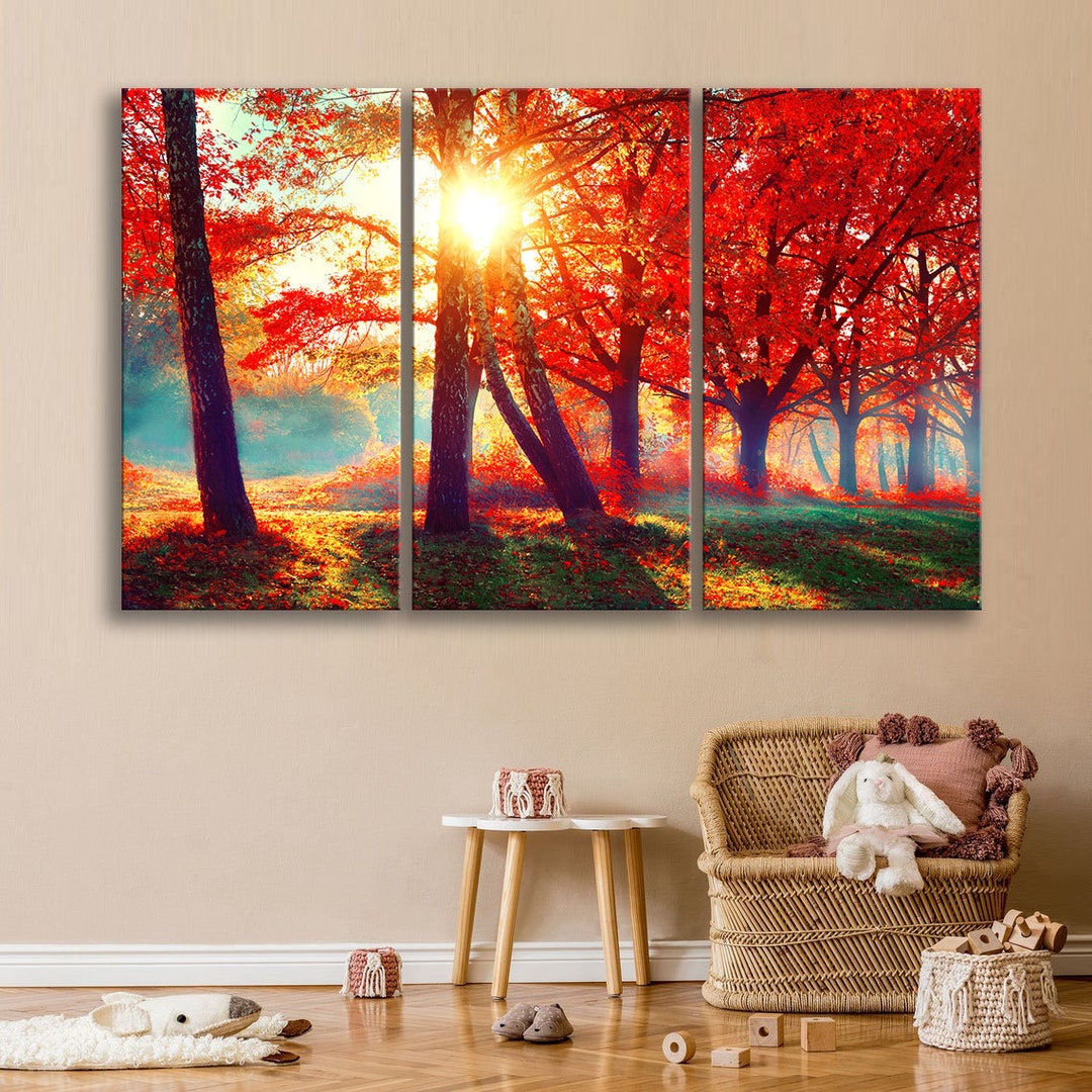 Forest Canvas Wall Art Tree Print Autumn Forest Canvas Red Etsy