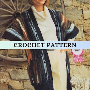 May include: Crochet pattern for a striped shawl in brown, blue, white, and black yarn. The pattern is titled "Crochet Pattern" and includes a "Second Prize" ribbon.