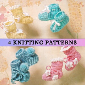 May include: Four knitting patterns for baby booties. The booties are in different colors and styles, including yellow, blue, and pink.  The text "4 Knitting Patterns" is displayed at the top of the image.