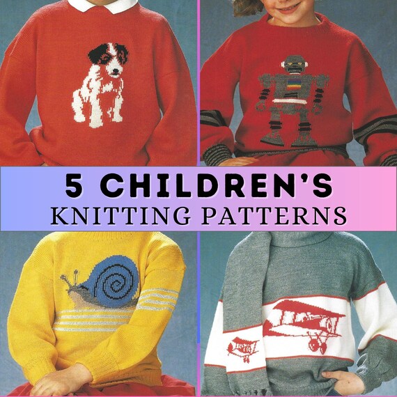 Kids Jumper Pattern Girl Boy Animal Sweater Knitting Pattern Intarsia Easy Knit Fun Colorwork 80s Vintage Fall Crewneck Pullover 4 ply PDF