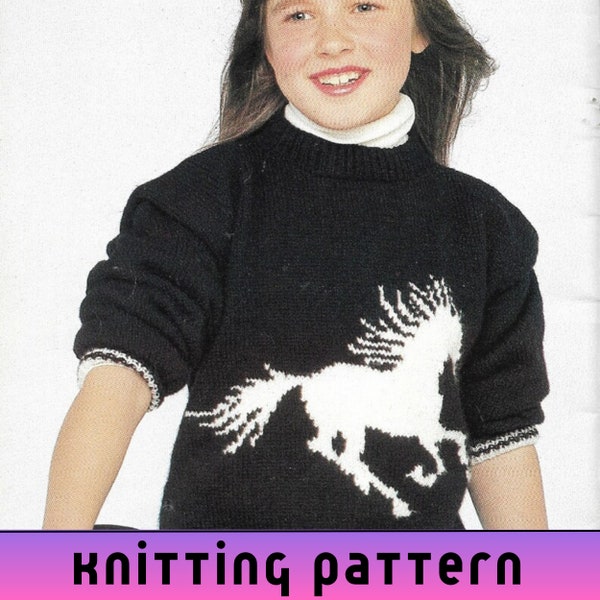 Childrens Intarsia Horse Motif Sweater Knitting Pattern PDF, Childrens Knitting Patterns, Unisex Girl Boy Teenager Jumper Pattern