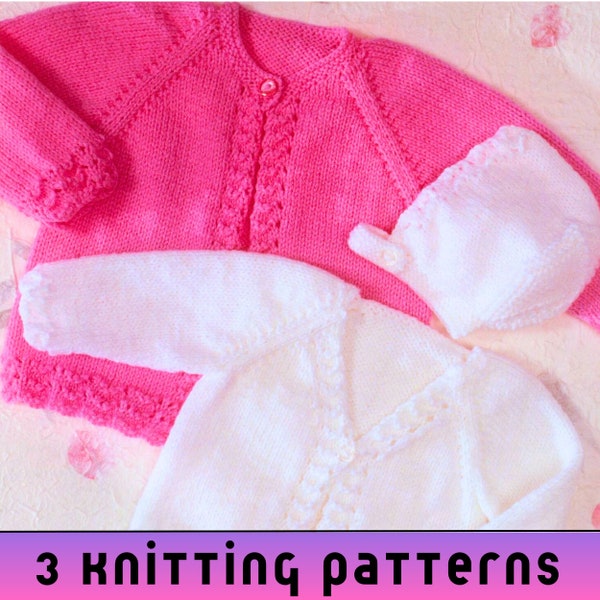 2 x Baby Girl Cardigan Knitting Pattern PDF, DK Baby Matinee Coat, Baby Knit Hat, Newborn Knitting Pattern 14'' - 22''