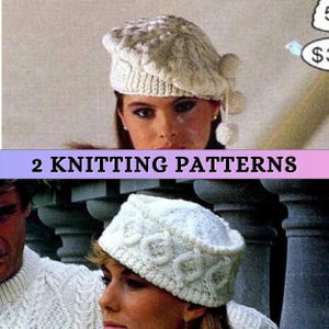 Knitting Pattern Beret Aran Weight Knit Hat Textured Ladies Cabled Hat Classic Diamond Motif Women Worsted 10 ply 80s Vintage Printable PDF