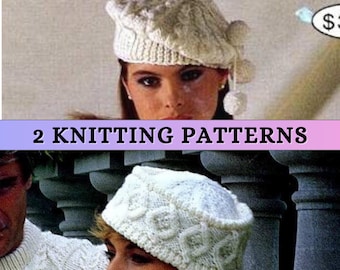 Knitting Pattern Beret Aran Weight Knit Hat Textured Ladies Cabled Hat Classic Diamond Motif Women Worsted 10 ply 80s Vintage Printable PDF