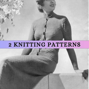 40s Knitting Pattern Simple Skirt Suit Midi Womens Classic Ribbed Cardigan with Belt Vintage Coat Jacket Button Up Pocket Crewneck 4 ply PDF