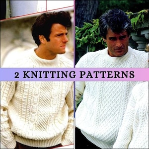 May include: Two knitting patterns for a white cable knit sweater. The sweater is shown on two different models.
