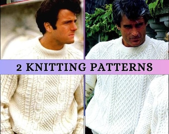 Men Aran Sweater Knitting Pattern Worsted Weight Knit Crew Neck Pullover Traditional Irish Fisherman Jumper Classic Winter Autumn 10 ply PDF