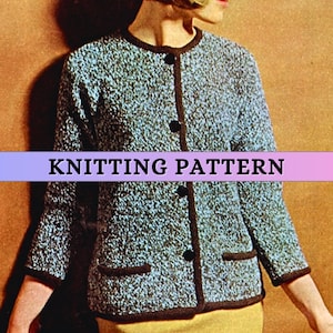 May include: Knitting pattern for a blue and black cardigan with a button front and pockets. The cardigan has a textured knit and a black trim.
