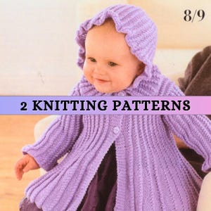 Baby Girl Cardigan Knitting Pattern Long Coat Baby Bonnet Double Knit Ribbed Baby Matinee DK Autumn Newborn Preemie 14&#39;&#39; - 22&#39;&#39; Patons PDF