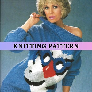 May include: Knitting pattern for a blue sweater with a white, red, and black cartoon face design. The pattern includes instructions for knitting the sweater and the face design.