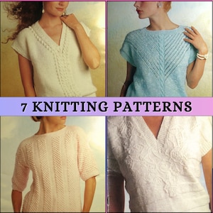 May include: Image featuring four different knitted tops in various colors and patterns. The text "7 KNITTING PATTERNS" is displayed across the center. The tops include a white V-neck with bobble details, a light blue top with a central cable design, a pink top with vertical ribbing, and a white V-neck with floral embroidery.