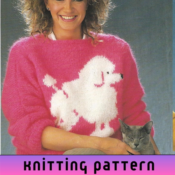 Mohair Sweater Knitting Pattern Intarsia Knitting Dog Sweater Womens Teenager Colorwork Vintage Crewneck Jumper Pullover Worsted Yarn PDF