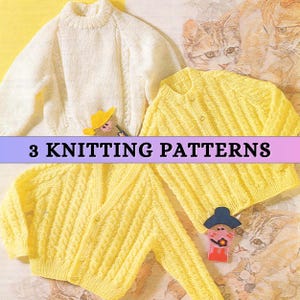 Baby Cable Knit Cardigan Raglan Knitting Pattern V Neck DK Jumper Toddler Aran Sweater Round Neck 70s Vintage Easy Double Knit Patons PDF