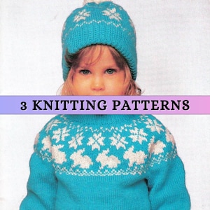 May include: A blue knitted sweater with a white snowflake pattern and a matching blue knitted hat with a white pom-pom. The text "3 KNITTING PATTERNS" is displayed above the image.