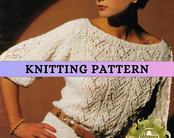 Boat Neck Sweater Knitting Pattern Open Stitch Sweater Eyelet Summer Sweater Lace Jumper Women Vintage 80s DK Pullover Sirdar Digital PDF