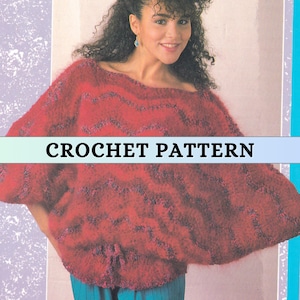 May include: A red crochet top with a wavy pattern and the text "CROCHET PATTERN" in white. The top has a loose, off-the-shoulder design. The image shows a woman wearing the top.