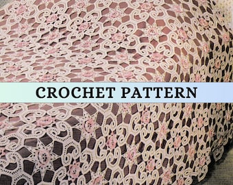 Lace Bedspread Crochet Pattern Floral Motif Retro Vintage 80s Fine Open Stitch Classic Household Decorative Throw Home Decor PDF