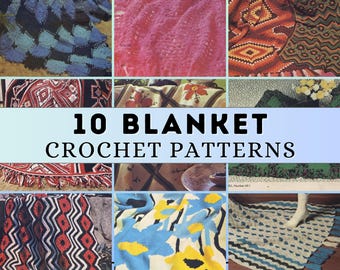 Vintage Crochet Afghan Pattern Throw Unique 70s Vintage Retro Boho Blanket Colorwork Ripple Mosaic Granny Square Crochet Pattern Bundle PDF