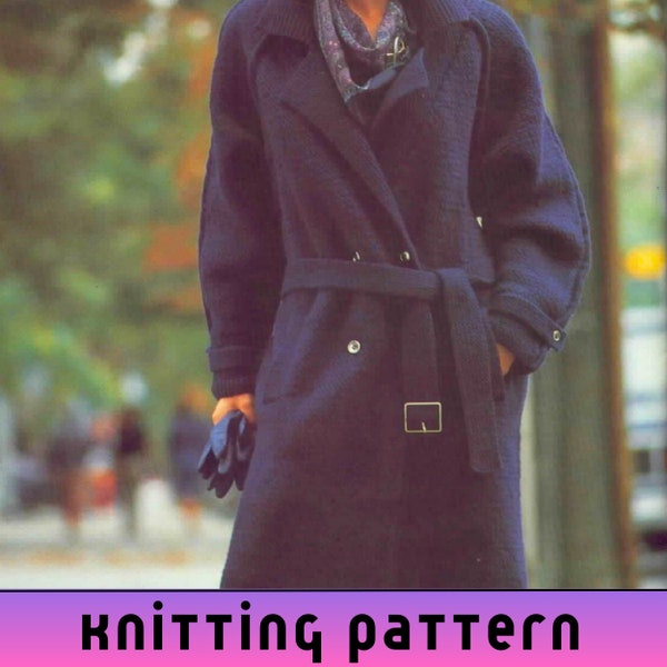 Womens Trench Coat Knitting Pattern PDF, Vintage Double Breasted Coat Pattern, Womens Aran Wool Knit