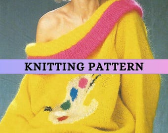 Off Shoulder Sweater Pattern Knit Mohair Jumper Intarsia Knitting Womens Colorwork 80s Vintage Pullover Worsted Weight Knitting Pattern PDF