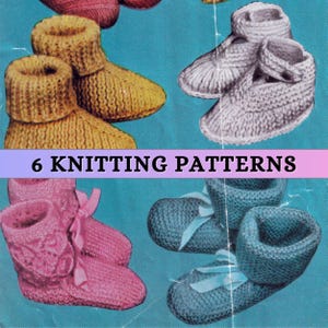 May include: Six knitting patterns for baby booties. The patterns include a variety of colours and styles, including yellow, white, pink, and blue.
