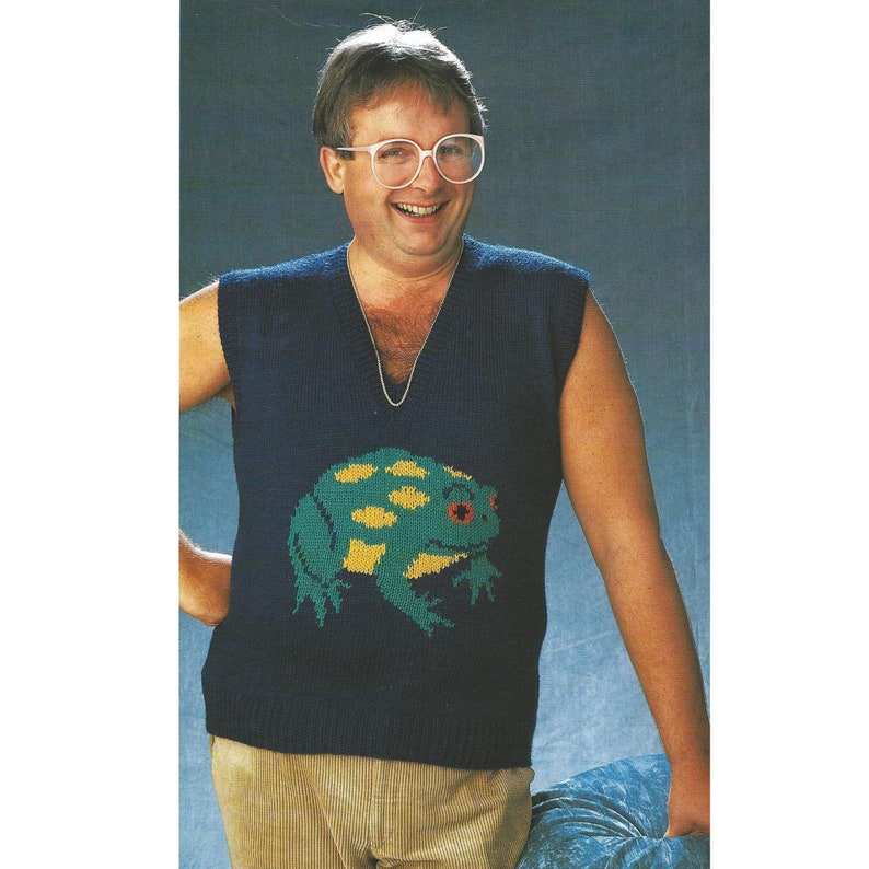 Men Vest Knitting Pattern Intarsia Sleeveless Sweater Frog Graphic Knit ...