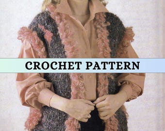 May include: A crochet pattern for a vest with a unique design. The vest features a combination of gray and pink yarn, with a textured, fringed trim. The text "CROCHET PATTERN" is displayed across the image.