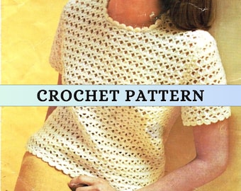 Easy Crochet Tee Top Pattern Women Classic Vintage 60s Summer Short Sleeve Jumper Simple Round Neck Blouse Shirt Crochet Pattern 4 ply