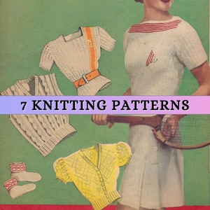30s Knitting Pattern Tennis Wear Womens Vintage Short Sleeve Sweater Lace Socks Knit Tennis Shorts Pattern Top 3 ply DK Retro Heirloom PDF