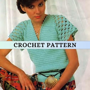 Easy Crochet Short Sleeve Top Pattern Cute Bell Sleeve Blouse 80s Crochet Pattern Vintage Ladies V Neck Women Crochet Tee Shirt 4 ply PDF