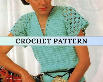 Easy Crochet Short Sleeve Top Pattern Cute Bell Sleeve Blouse 80s Crochet Pattern Vintage Ladies V Neck Women Crochet Tee Shirt 4 ply PDF