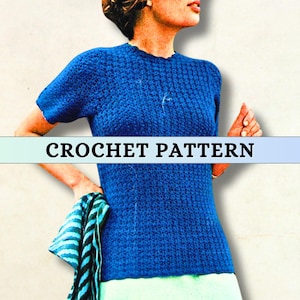Easy Crochet Short Sleeve Top Crochet Pattern Blouse 60s Vintage Ladies Crew Neck Tee Shirt Simple Classic Women Spring Summer 4 ply PDF