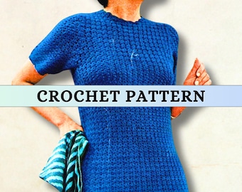 Easy Crochet Short Sleeve Top Crochet Pattern Blouse 60s Vintage Ladies Crew Neck Tee Shirt Simple Classic Women Spring Summer 4 ply PDF