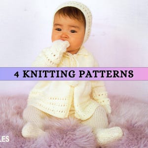 Baby Girl Cardigan Knitting Pattern DK Jacket Coat Raglan Collar Double Knit Baby Hat Baby Pull Ups Mitts Outfit Set Autumn Fall Patons PDF