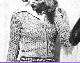 V neck Cardigan Knitting Pattern DK, 70s Vintage Knit Ladies Ribbed Cardigan Crop, Knitting Patterns for Women 8 ply - Printable PDF