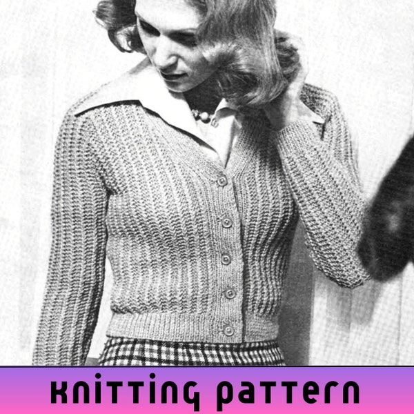 V neck Cardigan Knitting Pattern DK, 70s Vintage Knit Ladies Ribbed Cardigan Crop, Knitting Patterns for Women 8 ply - Printable PDF