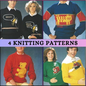 Puede incluir: Cuatro patrones de tejido de punto que presentan suéteres con diferentes diseños. Los suéteres incluyen un suéter azul con un tigre, un suéter rojo con un osito de peluche, un suéter verde con un tren y un suéter amarillo con un tren.