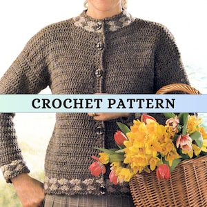 Easy Cardigan Crochet Pattern Women Button Simple Beginner Light Jacket Long Sleeve Retro Vintage 80s Crew Neck Worsted Weight Autumn PDF