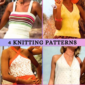 May include: Image showing four knitted tops. One is white with stripes, another is yellow with a V-neck, a third is orange and white, and the last is white with small dots. The text "4 KNITTING PATTERNS" is visible, indicating knitting patterns are available.