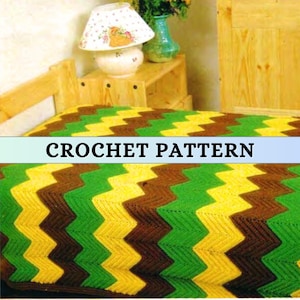 May include: Crochet pattern for a chevron blanket in brown, green, and yellow.