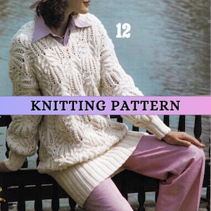 Può includere: Immagine di un modello di maglieria vintage. Mostra un maglione color crema a trama aperta con scollo a V e maniche lunghe. Il testo "KNITTING PATTERN" è visualizzato. Il numero "12" è visibile in alto a destra.