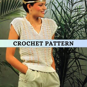 80s Vintage Filet Mesh Top Crochet Pattern Lacy Blouse Crochet Chain Pattern for Women Summer Top Crochet Short Sleeve V Neck Tee 4 ply PDF