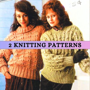 May include: Two knitting patterns for sweaters. One sweater is a light orange color with a lacy stitch pattern. The other sweater is a light green color with a cable stitch pattern. The text "2 Knitting Patterns" is displayed across the image.