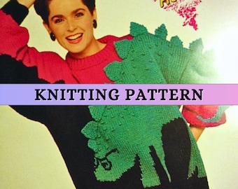 Dinosaur Sweater Knitting Pattern Adult Intarsia Jumper Women Chunky Oversized 3D Knit Colorwork Pullover Bulky Retro Vintage 80s Patons PDF
