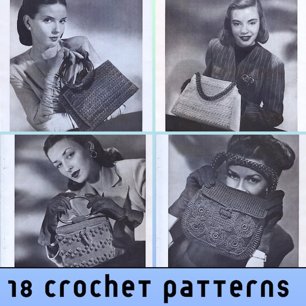 18x Vintage Bag Crochet Pattern PDF, 1940s Evening Retro Clutch Bag Pattern, Crochet Envelope Bag Pattern, Dice Handbag Pattern Bundle