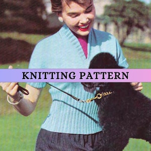 V-neck Short Sleeve Sweater Knitting Pattern Tee Vintage 50s Easy Knit Ribbed Blouse Summer Pullover Top Women Jumper 3 ply Patons PDF
